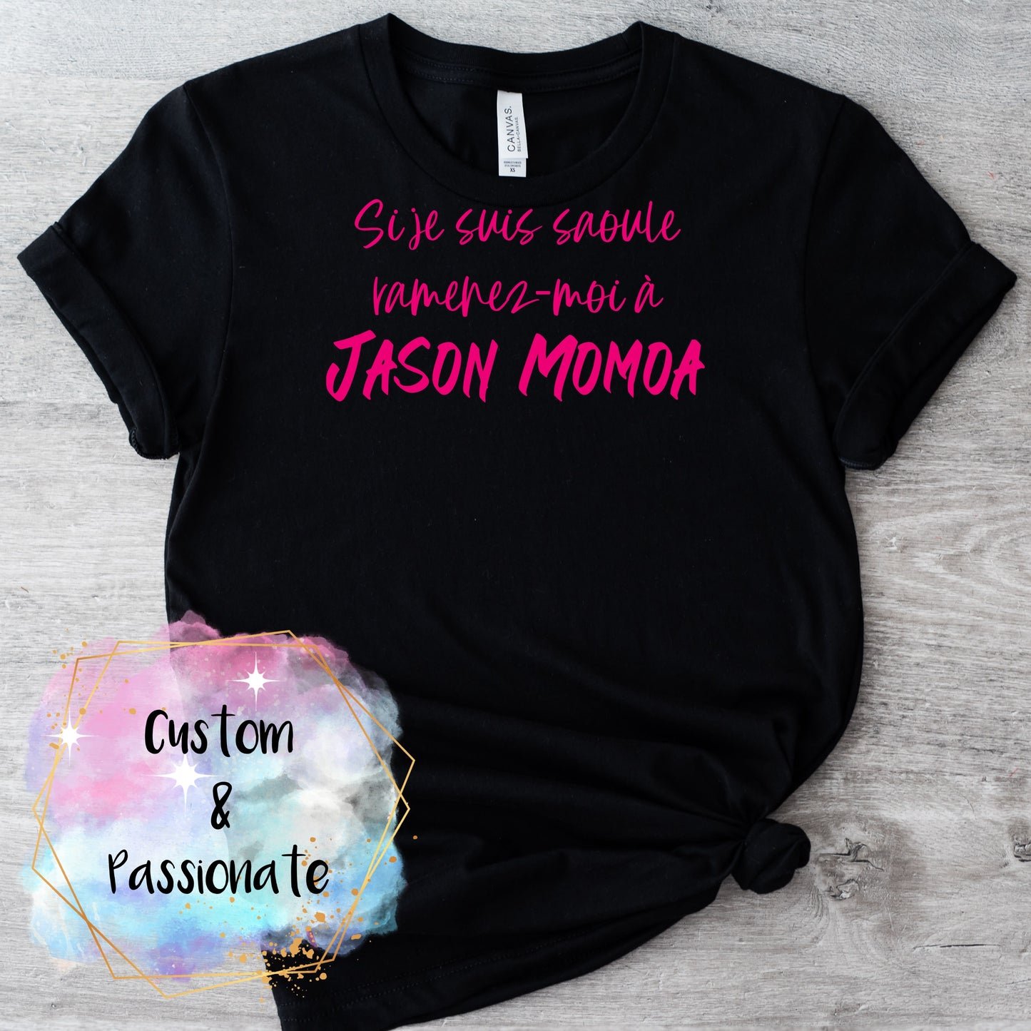 T-shirt noir unisexe avec imprimé en vinyle – Si je suis saoule, ramenez-moi à Jason Momoa